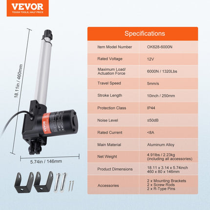 VEVOR 6000N Lineaire actuator DC 12V Lineaire aandrijving IP44 Elektrische lineaire motor 250 mm Slaglengte Geluidsniveau ≤ 50 dB Elektrische deuropener 5 mm/s Rijsnelheid Lineaire technologie Aanpassing Aandrijving