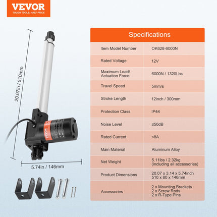 VEVOR 6000N Lineaire actuator DC 12V Lineaire aandrijving IP44 Elektrische lineaire motor 300 mm Slaglengte Geluidsniveau ≤ 50 dB Elektrische deuropener 5 mm/s Rijsnelheid Lineaire technologie Aanpassing Aandrijving