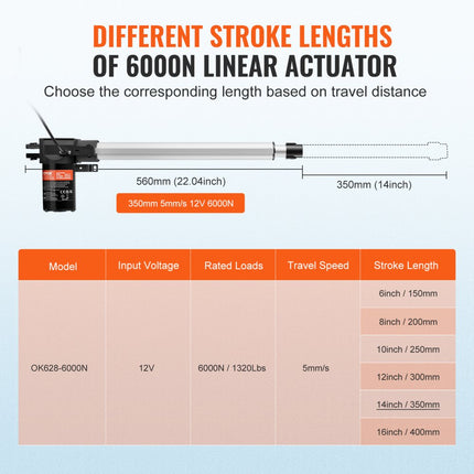 VEVOR 6000N Lineaire actuator DC 12V Lineaire aandrijving IP44 Elektrische lineaire motor 350 mm Slaglengte Geluidsniveau ≤50 dB Elektrische deuropener 5 mm/s Rijsnelheid Lineaire technologie Aanpassing Aandrijving