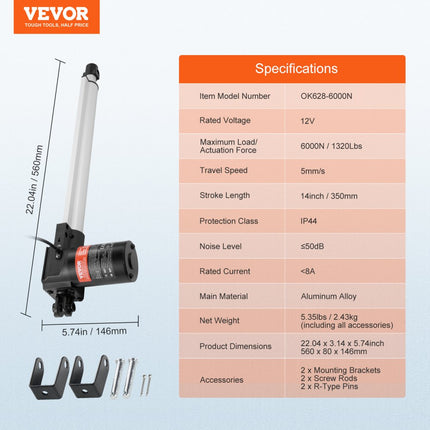 VEVOR 6000N Lineaire actuator DC 12V Lineaire aandrijving IP44 Elektrische lineaire motor 350 mm Slaglengte Geluidsniveau ≤50 dB Elektrische deuropener 5 mm/s Rijsnelheid Lineaire technologie Aanpassing Aandrijving