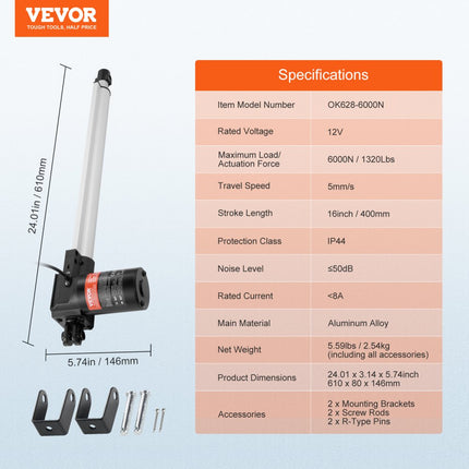 VEVOR 6000N Lineaire actuator DC 12V Lineaire aandrijving IP44 Elektrische lineaire motor 400 mm Slaglengte Geluidsniveau ≤50 dB Elektrische deuropener 5 mm/s Rijsnelheid Lineaire technologie Aanpassing Aandrijving