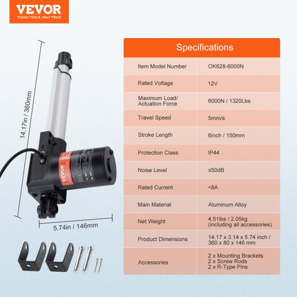 VEVOR 6000N Lineaire actuator DC 12V Lineaire aandrijving IP44 Elektrische lineaire motor 150 mm Slaglengte Geluidsniveau ≤50 dB Elektrische deuropener 5 mm/s Rijsnelheid Lineaire technologie Aanpassing Aandrijving
