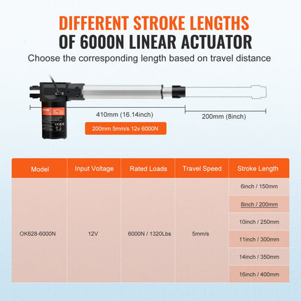 VEVOR 6000N Lineaire actuator DC 12V Lineaire aandrijving IP44 Elektrische lineaire motor 200 mm Slaglengte Geluidsniveau ≤ 50 dB Elektrische deuropener 5 mm/s Rijsnelheid Lineaire technologie Aanpassing Aandrijving