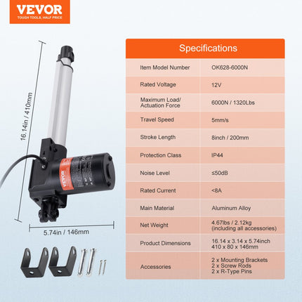 VEVOR 6000N Lineaire actuator DC 12V Lineaire aandrijving IP44 Elektrische lineaire motor 200 mm Slaglengte Geluidsniveau ≤ 50 dB Elektrische deuropener 5 mm/s Rijsnelheid Lineaire technologie Aanpassing Aandrijving