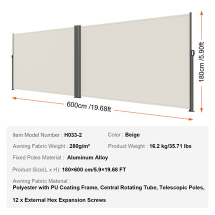 VEVOR Intrekbare Zijluifel TerrasschermOmheining 180 x 600cm Schermscheidingswand Intrekbare Buitendeur Intrekbare Afrastering Buitenscherm Voor Makkelijk te Installeren Privacy Bescherming