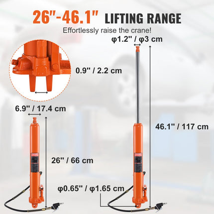 VEVOR hydraulische lange ramkrik, 8T motorliftcilinder met enkele zuigerpomp en luchtpomp, hydraulische autofleskrik voor motorliften, garage-/winkelkranen, boerderij enz.