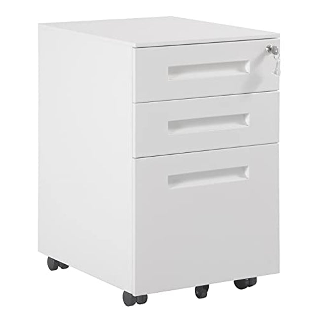 Derins Rollcontainer Metall, Mobiler Aktenschrank Büroschrank mit 3 Schubladen Bürocontainer, abschließbares und verstellbares Hängeregister, vormontiert, Büro, Home Office Weiß SK023ws