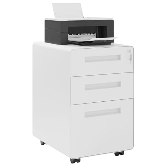Derins Aktenschrank, Rollcontainer mit 3 Schubladen, Büroschrank unter Schreibtisch, Schubladenschrank abschließbar, Rollschrank mit Hängeregistratur, für Akten Dokumente, weiß, ASK04ws