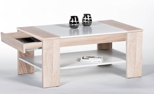 Derins Plus Couchtisch in Eiche Sonoma Optik, Weiß - geräumiger Sofatisch mit Schublade & Ablage für Ihren Wohnbereich - 100 x 44 x 58 cm (B/H/T)