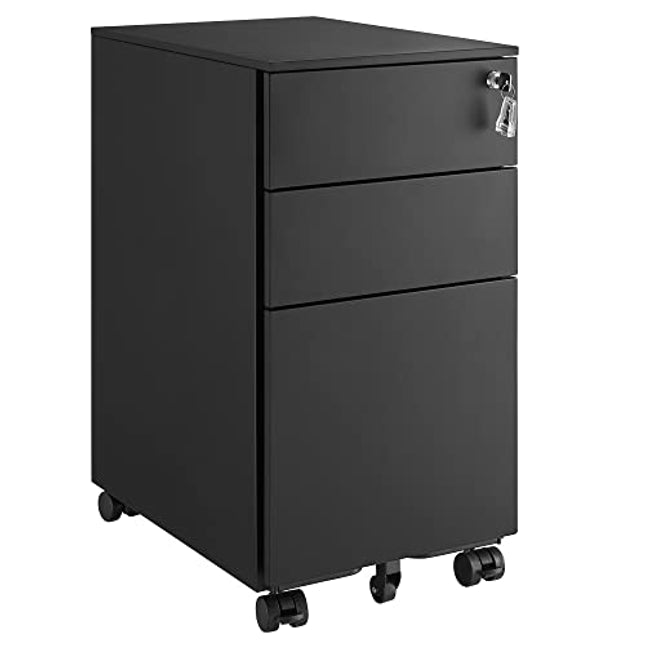 Derins  Rollcontainer, unter Schreibtisch, mit 3 Schublade, vormontiert, abschließbarer Büroschrank mit Hängeregistratur, für Akten, Dokumente, Schreibwaren, 45 x 30 x 60 cm, schwarz OFC031B01
