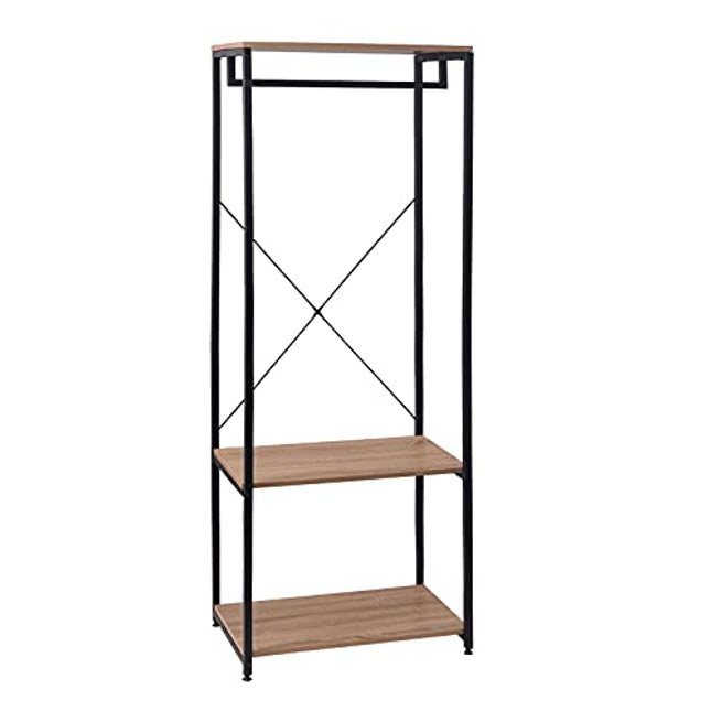 Derins SR0046hei-c Kleiderständer Hängeregal Kleiderstange mit Schuhregal Garderobe Ständer, Metall und Holz, Hell Eiche, ca, 60 x 40 167 cm