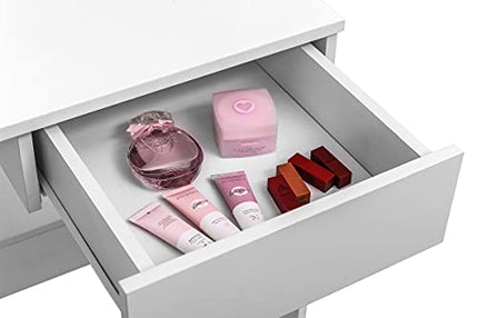 Derins Schminktisch mit Hocker und Spiegel, Schreibtisch + Regalsystem + Hocker, Hochglanz Kosmetiktisch, 75x40x138cm, Frisierkommode Schminkspiegel MB6045ws, Weiß