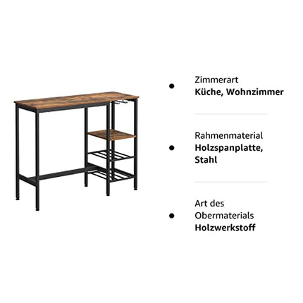 Derins Stehtisch, Bartisch, 110 x 40 x 90 cm, mit Halterungen für Weingläser und Flaschen, Küchentisch, für Wohnzimmer, Küche, Industrie-Design, vintagebraun-schwarz LBT013B01
