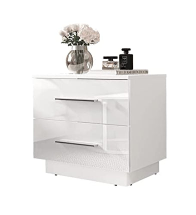 Derins Nachttisch LINA 55x50x37 cm- LED Beleuchtung - Nachtkästchen - Weiß/Weiß Hochglanz - Verchromte Griffe - Nachtschrank - Beistelltisch mit Schublade - Schlafzimmerschrank