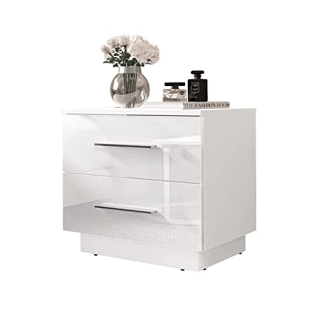 Derins Nachttisch LINA 55x50x37 cm- LED Beleuchtung - Nachtkästchen - Weiß/Weiß Hochglanz - Verchromte Griffe - Nachtschrank - Beistelltisch mit Schublade - Schlafzimmerschrank