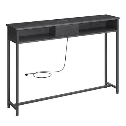Derins Konsolentisch mit Steckdosen, Beistelltisch mit 2 Fächern, schmal, 25 x 120 x 81 cm, platzsparend, für Eingangsbereich, Wohnzimmer, anthrazitgrau-tintenschwarz LNT111B01