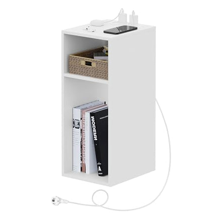 Derins Nachttisch mit Ladefunktion, schmaler Kleiner Beistelltisch mit 2 Steckdosen 2 USB-Anschlüssen, Couchtisch mit Stauraum, 2 offene Fächer, 25x60x30 cm, für Schlafzimmer, Weiß, NTS06ws
