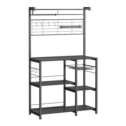 Derins Küchenregal, Standregal, Regal, Arbeitsplatte Küche, Kücheninsel mit Magnetleiste für Messer, Drahtkorb, Küchenrollenhalter, 12 Haken, ebenholzfarben-schwarz KKS026B42