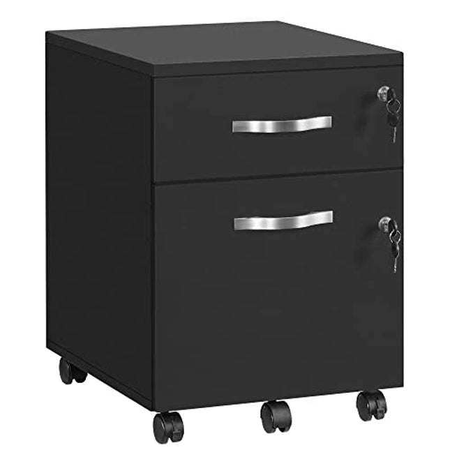 Derins Rollcontainer, abschließbar, Aktenschrank mit 2 Schubladen, 5 Rollen und Verstellbarer Hängeregistratur, strukturierte Oberfläche, für Dokumente im A4- und Letter-Format, schwarz LCD22BV1