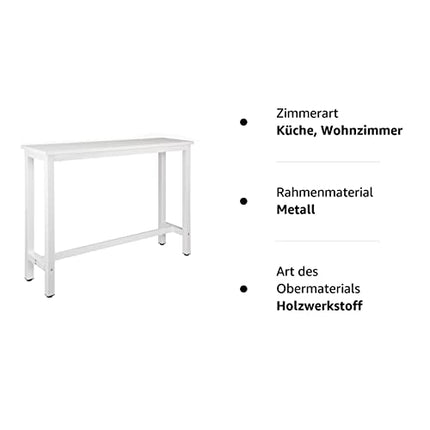 Derins BT30ws 1x Bartisch Bistrotisch Stehtisch Esstisch, Metallgestell, Tischplatte aus MDF, Weiß, 140x40x100cm(BxTxH)