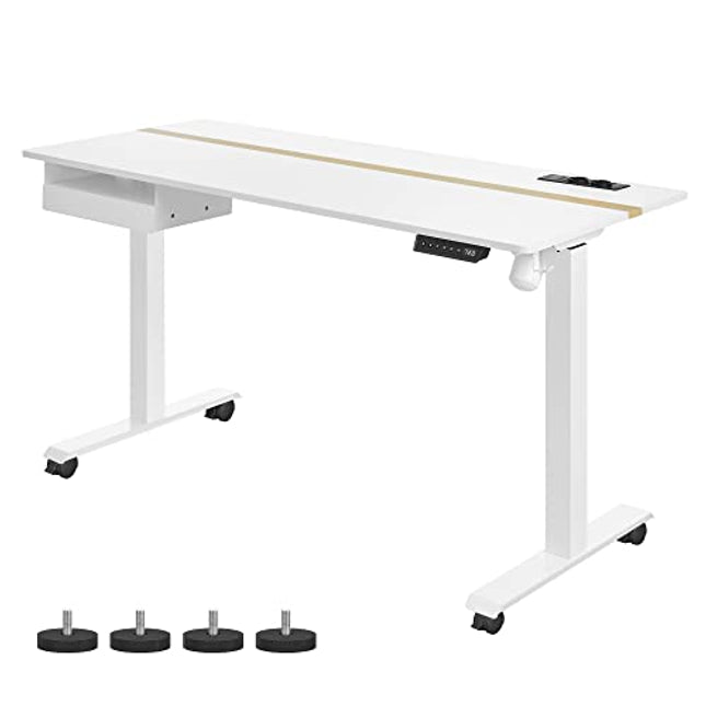 Derins  Höhenverstellbarer Schreibtisch elektrisch, mit Steckdose und Schublade, 60 x 140 cm Tischoberfläche, stufenlos verstellbar, Memory-Funktion mit 4 Höhen, weiß LSD114W01