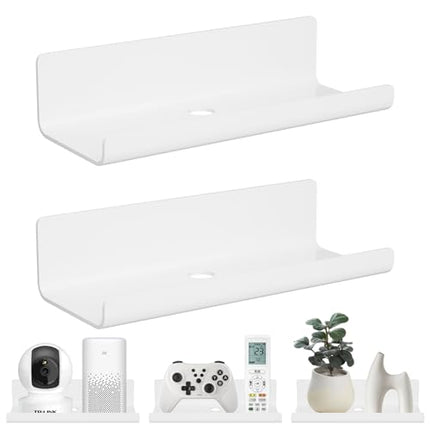 Derins Weiß Wandregal Ohne Bohren 2er Set - Acryl Wand Regal mit Rundes Kabelloch, Schweberegal mit Kabelclips für Küche, Bad, Schlafzimmer, Wohnzimmer, Büro, Spielzimmer (30x10x8cm)