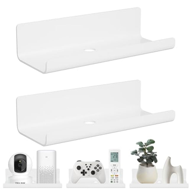 Derins Weiß Wandregal Ohne Bohren 2er Set - Acryl Wand Regal mit Rundes Kabelloch, Schweberegal mit Kabelclips für Küche, Bad, Schlafzimmer, Wohnzimmer, Büro, Spielzimmer (30x10x8cm)