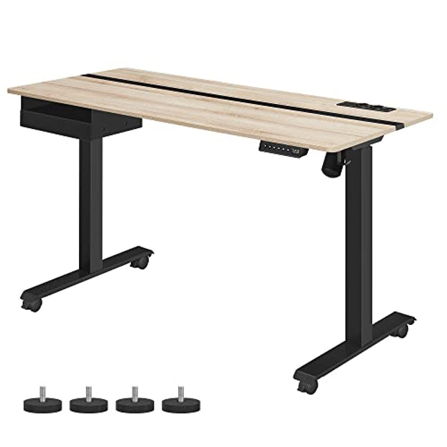 Derins Höhenverstellbarer Schreibtisch elektrisch, mit Steckdose und Schublade, 60 x 140 cm Tischoberfläche, stufenlos verstellbar, Memory-Funktion mit 4 Höhen, Greige-schwarz LSD114H01