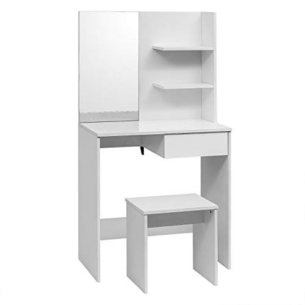Derins Schminktisch mit Hocker und Spiegel, Schreibtisch + Regalsystem + Hocker, Hochglanz Kosmetiktisch, 75x40x138cm, Frisierkommode Schminkspiegel MB6045ws, Weiß