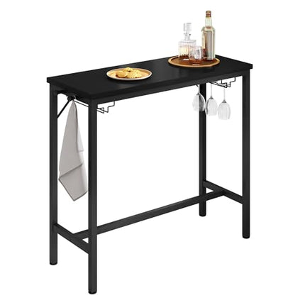 Derins Bartisch Bistrotisch mit 2 Glashaltern 2 Haken, Konsolentisch Stehtisch Küchentisch, aus Metall Holzwerkstoff, Industrial Style, Schwarz, 100x40x90cm 0032BAZ