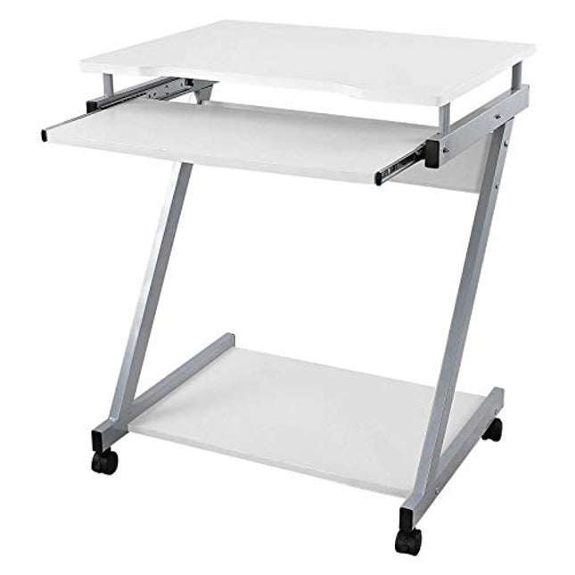 Derins Schreibtisch, Computertisch mit 4 Rollen, 2 Davon mit Bremsen, PC-Tisch leichtgängiger Tastaturauszug, erleichterte Montage, platzsparender PC-Tisch in Z-Form, weiß, LCD811W, 60x48x73 cm