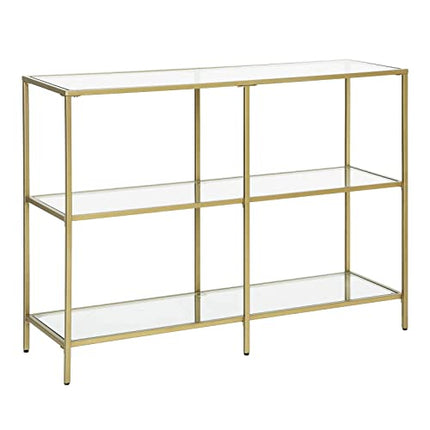 Derins Konsolentisch, Regal, 3 Ablagen aus Hartglas, Flurtisch, 30 x 100 x 73 cm, Metallrahmen, modern, für Flur, Wohnzimmer, Schlafzimmer, goldfarben-transparent LGT27G