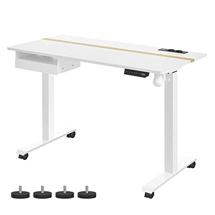 Derins Höhenverstellbarer Schreibtisch elektrisch, mit Steckdose und Schublade, 60 x 120 cm Tischoberfläche, stufenlos verstellbar, Memory-Funktion mit 4 Höhen, weiß LSD112W01