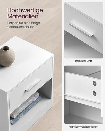 Derins Nachttisch, Beistelltisch, mit Schublade, Griff, offenes Fach, Couchtisch, für Schlafzimmer, Wohnzimmer, klassikweiß LET619T14