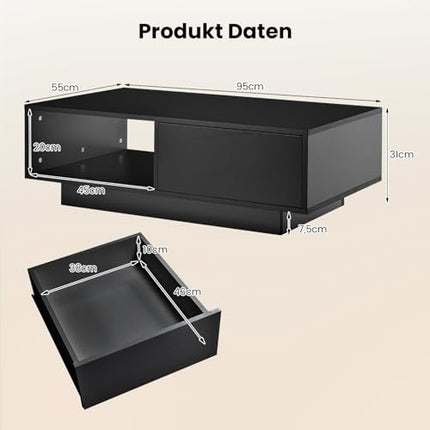 DerinsCouchtisch mit Led & Fernbedienung, 20 Lichtfarben & Helligkeit einstellbar, Beistelltisch mit Schublade & offenem Stauraum, Kaffeetisch, Sofatisch für Wohnzimmer, 95 x 55 x 31cm (Schwarz)