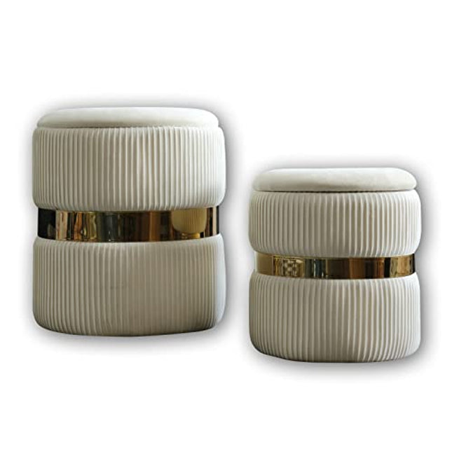 Derins 2er-Set Sitzhocker Samt Schminktisch Pouf Hocker mit Stauraum Ottoman Aufbewahrungshocker (Cream)