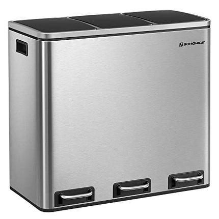 Derins Mülleimer Küche, 3 x 18 Liter, Mülltrennsystem 3 Fächer, Abfalleimer, Treteimer, für gelben Sack, Biomüll, mit Deckel, Softclose, Fußpedale, Inneneimer, Stahl, silbern-schwarz LTB54NL