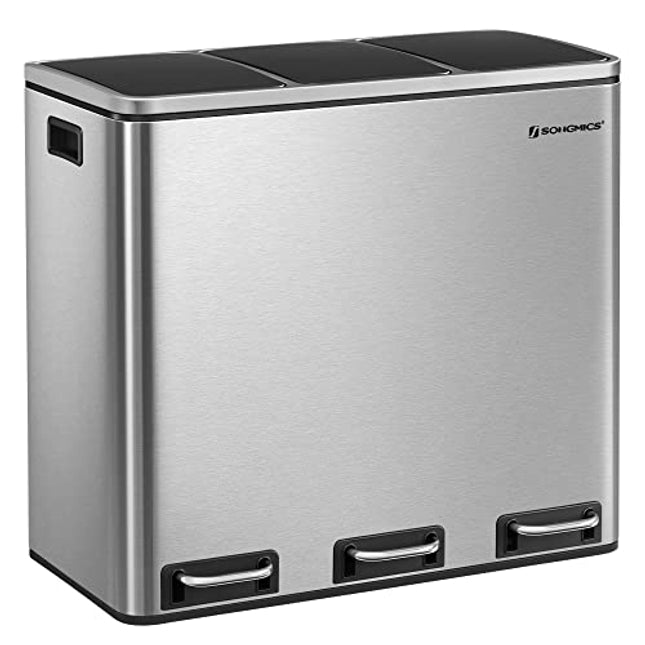 Derins Mülleimer Küche, 3 x 18 Liter, Mülltrennsystem 3 Fächer, Abfalleimer, Treteimer, für gelben Sack, Biomüll, mit Deckel, Softclose, Fußpedale, Inneneimer, Stahl, silbern-schwarz LTB54NL