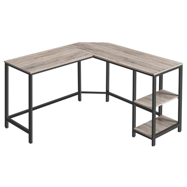 Derins Schreibtisch, L-förmiger Computertisch, 138 x 138 x 76 cm, Eckschreibtisch mit 2 Ablagen, platzsparender Bürotisch, Gaming, Homeoffice, einfacher Aufbau, greige-schwarz LWD72MB