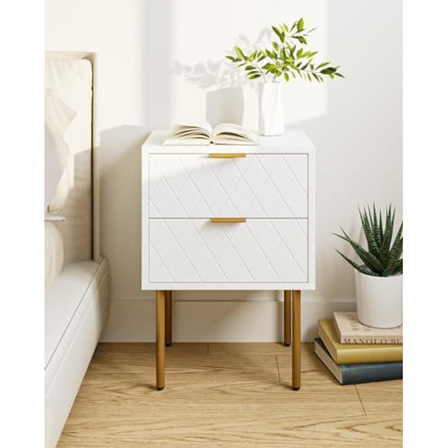 Derins Nachttisch, Nachtschrank mit 2 Schubladen, Modern Nachtkästchen, Boho Nachtkommode für Schlafzimmer, Wohnzimmer, Weiß und Gold