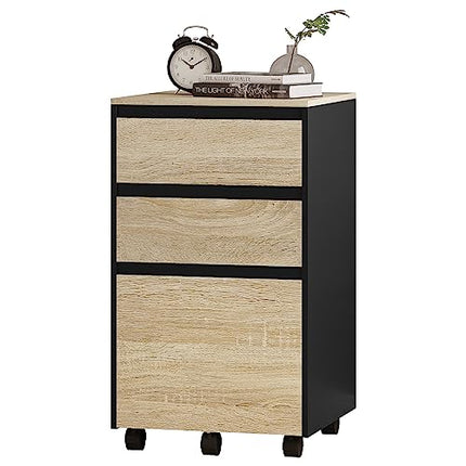 Derins mobiler Aktenschrank, Schrank für Aktenordner, Aufbewahrungsschrank im Büro, Büroschrank mit Rollen, Rollcontainer mit 3 Schubladen, helle Eiche schwarz, 40x70x40cm, ASK01hei