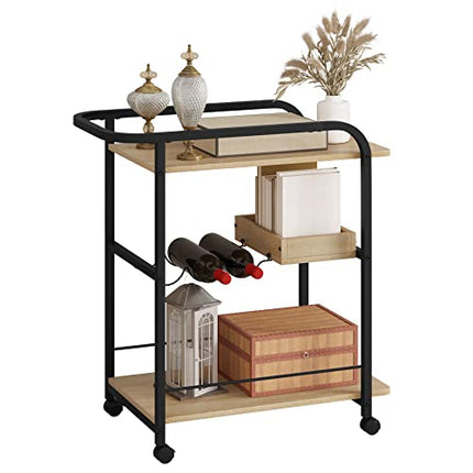 Derins Servierwagen, Küchenwagen auf Rollen, Rollwagen mit 3 Ablagen, Küchenregal mit Arbeitsplatte Griff 2 Bremsen Getränkeregal, aus Metall Holzwerkstoff, Helle Eiche Schwarz RW049she