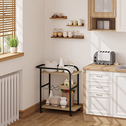 Derins Servierwagen, Küchenwagen auf Rollen, Rollwagen mit 3 Ablagen, Küchenregal mit Arbeitsplatte Griff 2 Bremsen Getränkeregal, aus Metall Holzwerkstoff, Helle Eiche Schwarz RW049she