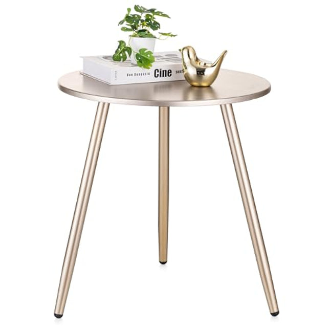 Derins Beistelltisch Rund Tisch Holz: Modern Luxuriös Gold Kleiner Holz Beistelltisch für Wohnzimmer mit 3 Tischbeine aus Metall Klein Outdoor Couch Sofa Tische fürs Garten, 45 x 45cm