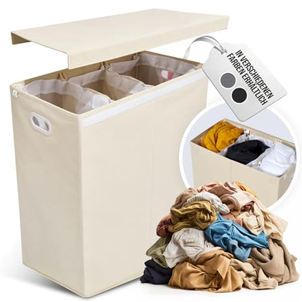 Derins Wäschekorb 3 Fächer - sortiert deine Schmutzwäsche [dreiteilig & weiß] 156 L Wäschesammler mit Deckel - ordentlich & sauberer moderner Wäschesortierer laundry baskets (Beige)