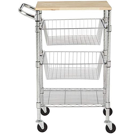 Derins Servierwagen mit 3 Ebenen, Metallkorb, Holzplatte, Silber