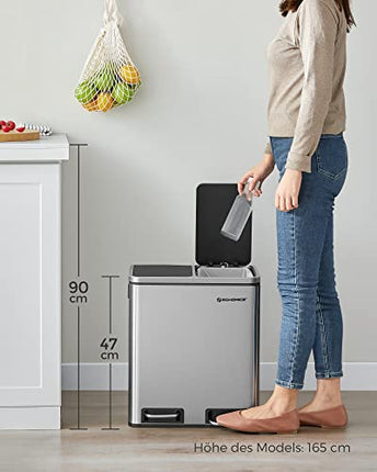 Derins  Mülleimer mit 2 Behältern, 2 x 15 l, Doppelmülleimer, 2 Fächer, mit Inneneimer und Griffen, für Küche, langsamer Verschluss, luftdicht, silberfarben und schwarz LTB30H