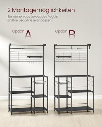 Derins Küchenregal, Standregal, Regal, Arbeitsplatte Küche, Kücheninsel mit Magnetleiste für Messer, Drahtkorb, Küchenrollenhalter, 12 Haken, ebenholzfarben-schwarz KKS026B42