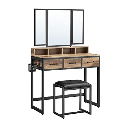 Derins Schminktisch mit gepolstertem Hocker, Frisiertisch mit dreifachem Spiegel, 3 Schubladen, Haartrocknerhalter, Kosmetiktisch, Industriestil, eichenbraun-schwarz RVT004B50