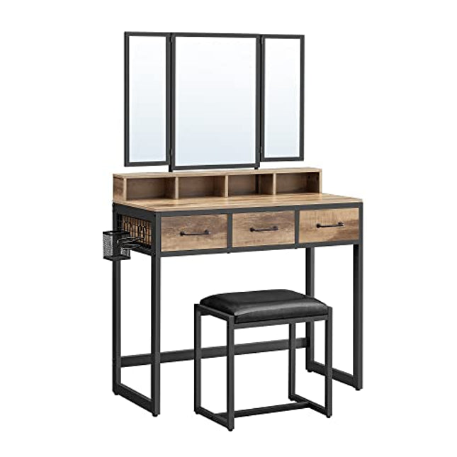 Derins Schminktisch mit gepolstertem Hocker, Frisiertisch mit dreifachem Spiegel, 3 Schubladen, Haartrocknerhalter, Kosmetiktisch, Industriestil, eichenbraun-schwarz RVT004B50